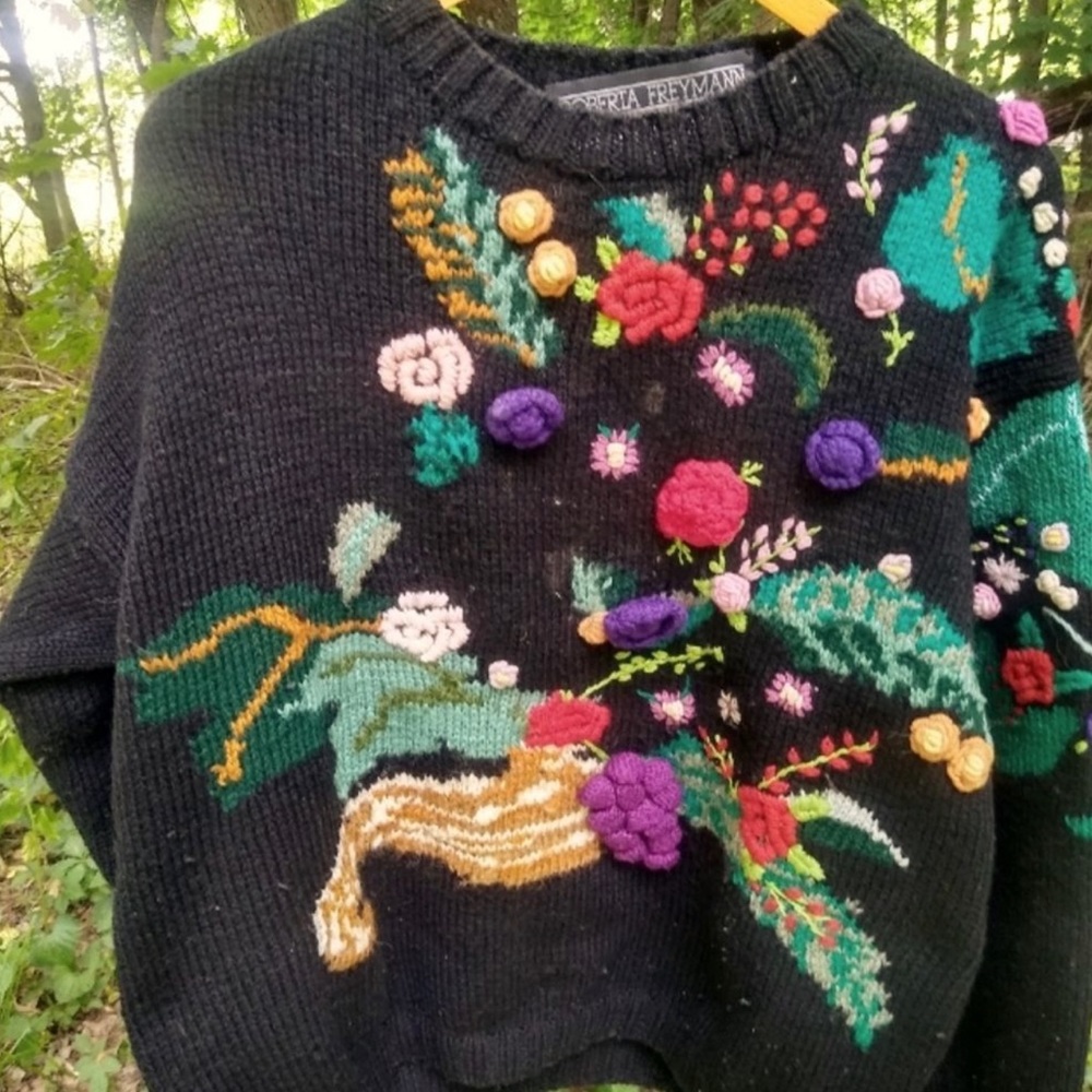 Vintage Dimensional Fruit Flowers Sweater